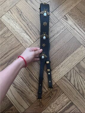 Black Leather Strap with Gold Bee Accents and Pearlescent Stones